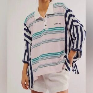 WE THE FREE Schools Out Polo in Blue/Pink Oversized Sz S Embroidered Logo Rugby